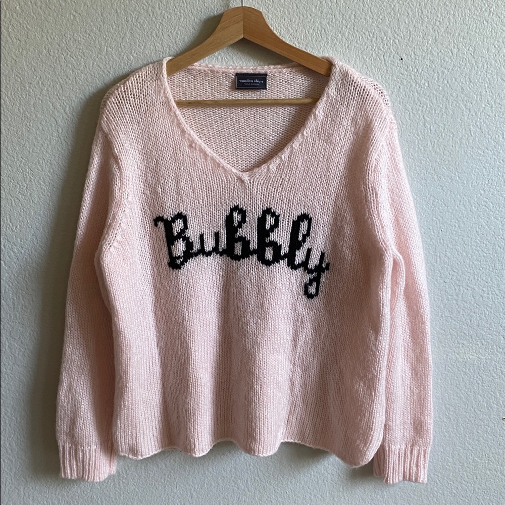 Wooden Ships Bubbly Moahir Wool Knit Long Sleeve V Neck Sweater Pink Size S/M
